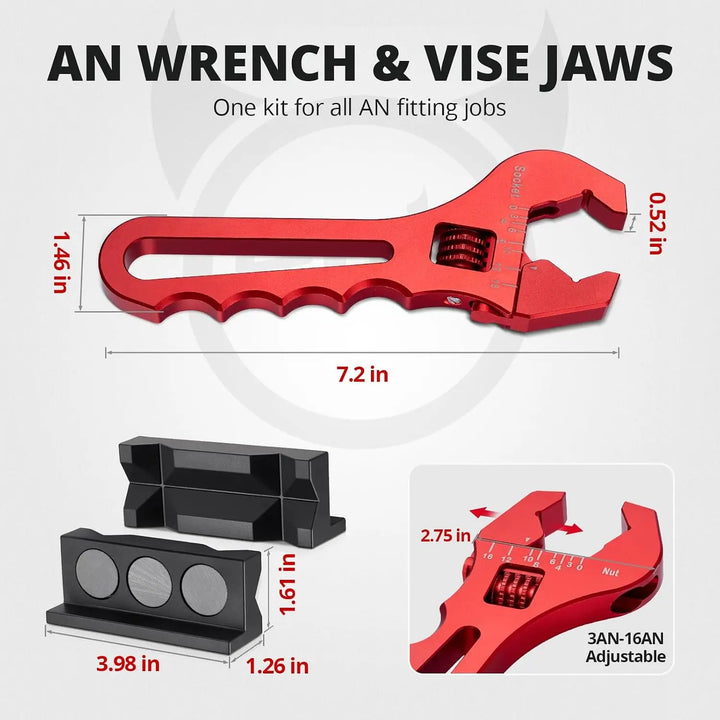 EVILENERGY EVIL ENERGY AN Fittings Wrench 3AN-16AN with 4" Magnetic Vise Jaw Pad | Adjustable Aluminum Hose Fitting Wrench, Multi-Groove Clamping Protector, Non-Marring Design for Auto Repair [Red] 