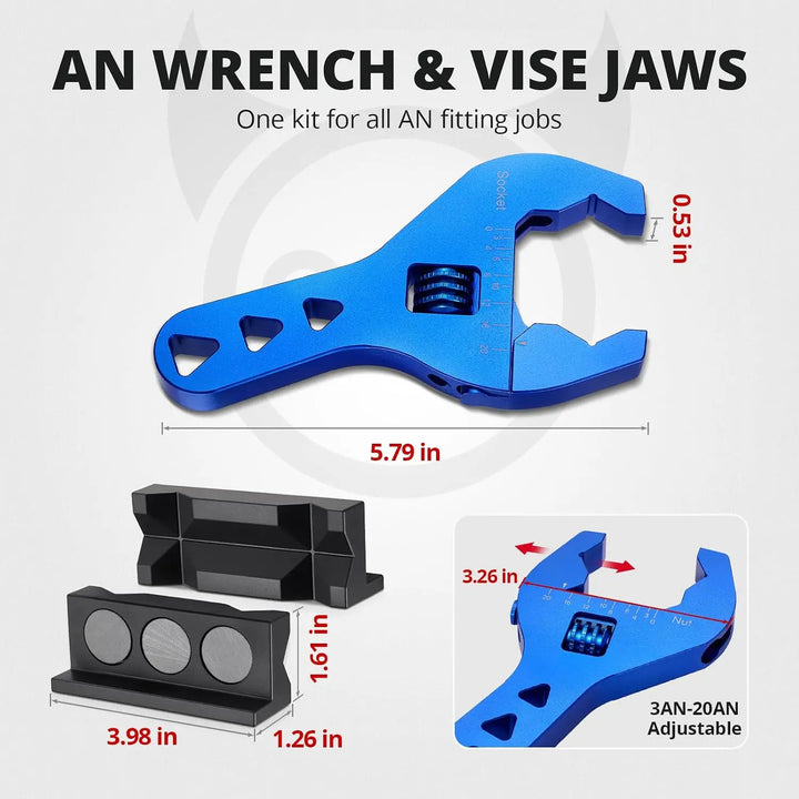 EVILENERGY EVIL ENERGY AN Fittings Wrench 3AN-20AN with 4" Magnetic Vise Jaw Pad | Adjustable Aluminum Hose Fitting Wrench, Multi-Groove Clamping Protector, Non-Marring Design for Auto Repair[Blue]