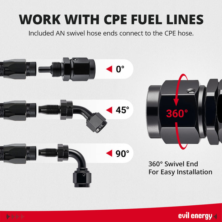 Works with CPE fuel lines — includes AN swivel hose ends for 0°, 45°, 90°, and 360° rotation, enabling fast, hassle-free installation.