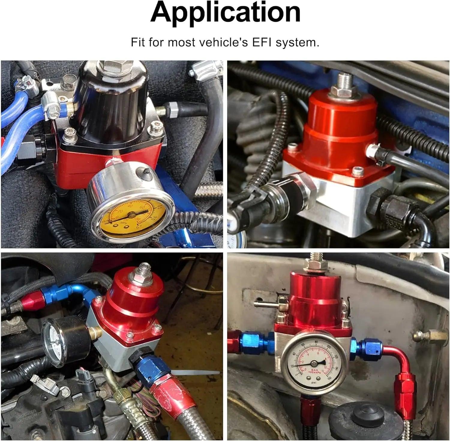 Fuel pressure regulator installed in various EFI engine bay setups, demonstrating compatibility with different vehicles.[Red]