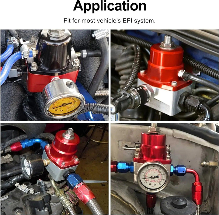 Fuel pressure regulator installed in various EFI engine bay setups, demonstrating compatibility with different vehicles.[Red]