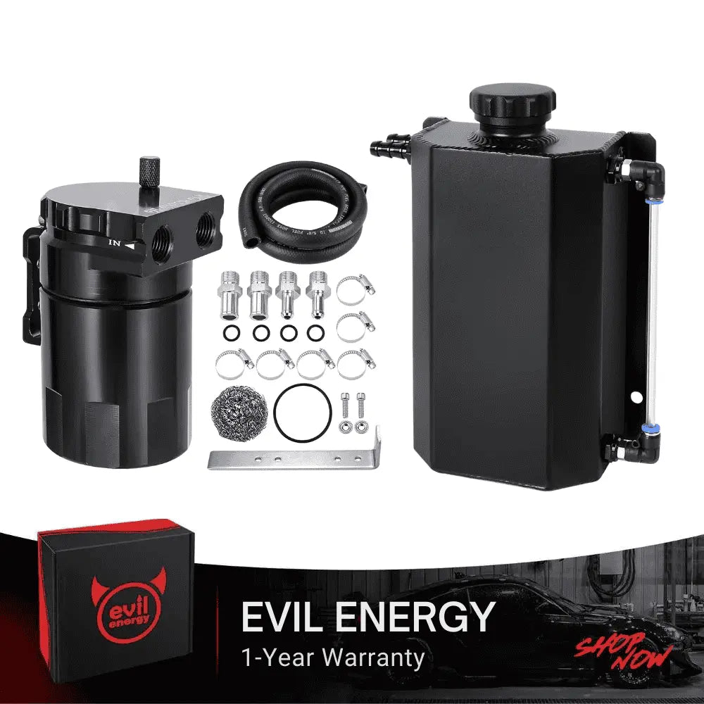 EVIL ENERGY EVIL ENERGY Bundle: 300ml Baffled Oil Catch Can (5FT Hose, Black, with/without Breather Filter) & 1L/2L Coolant Overflow Tank (Black, Aluminum)