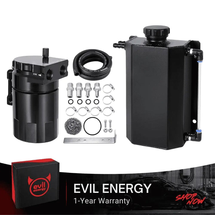 EVIL ENERGY EVIL ENERGY Bundle: 300ml Baffled Oil Catch Can (5FT Hose, Black, with/without Breather Filter) & 1L/2L Coolant Overflow Tank (Black, Aluminum)