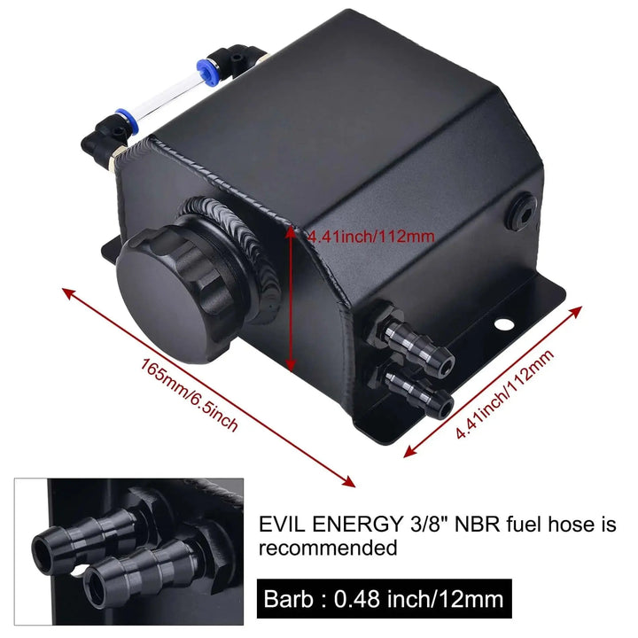 [Black,1L] EVIL ENERGY 10AN Baffled Oil Catch Can With Universal Coolant Overflow Tank — black aluminum tank dimensions with 3/8" NBR hose recommendation for secure fit.