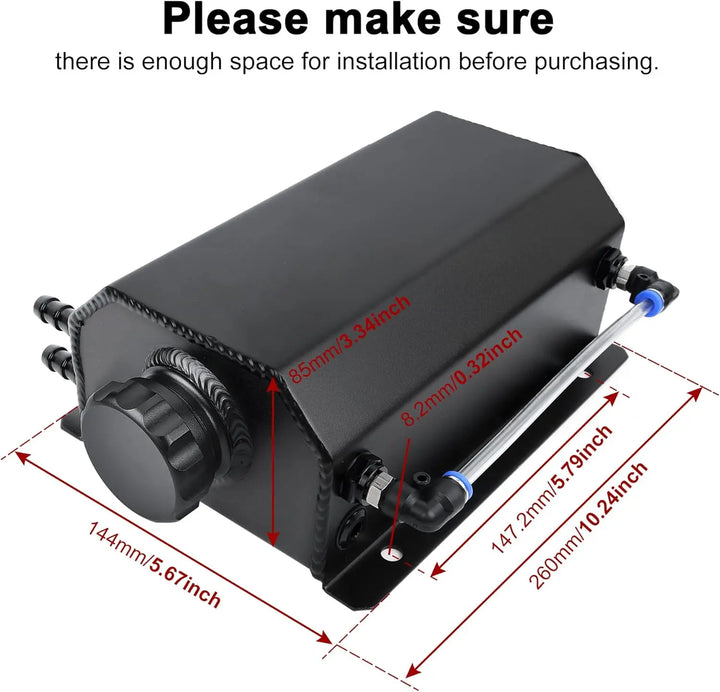 [Black,2L] EVIL ENERGY 10AN Baffled Oil Catch Can With Universal Coolant Overflow Tank — installation space requirements shown with detailed measurement chart.