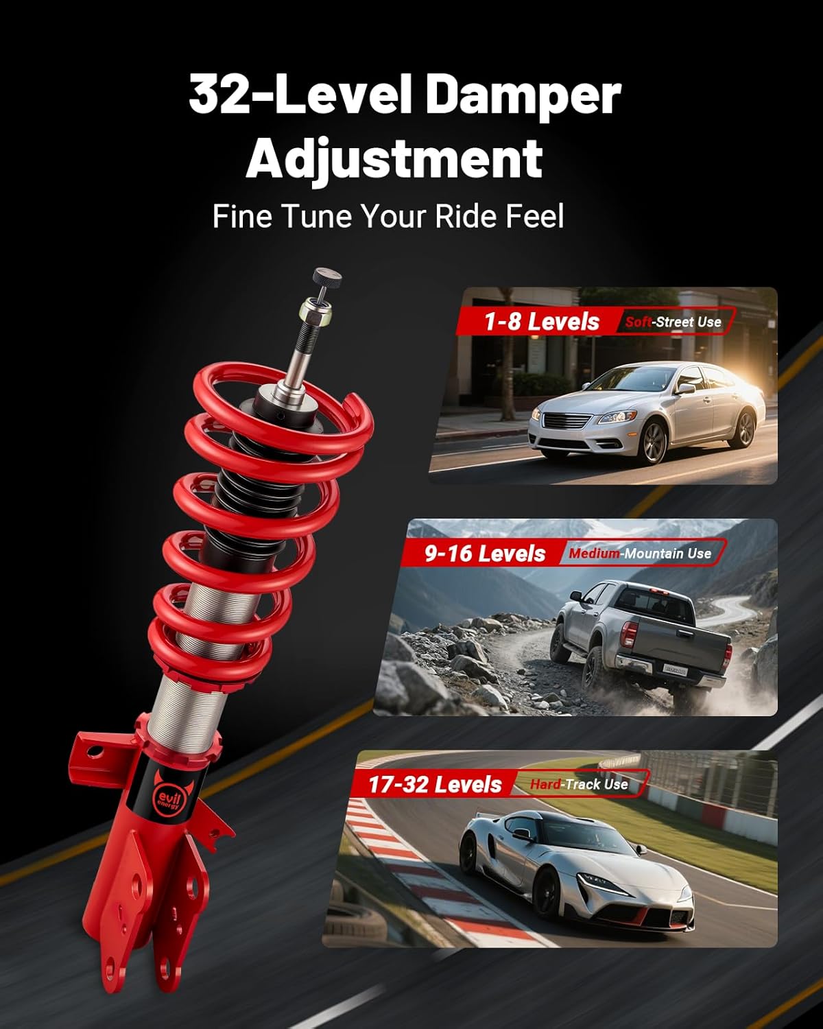 EVIL ENERGY Coilovers Compatible for Ford Fusion 2013-2020, Height Adjustable Coilovers Lowering Kit with 32-Level Damper Adjustment, Coilovers Suspension Kit, Red - EVILENERGY