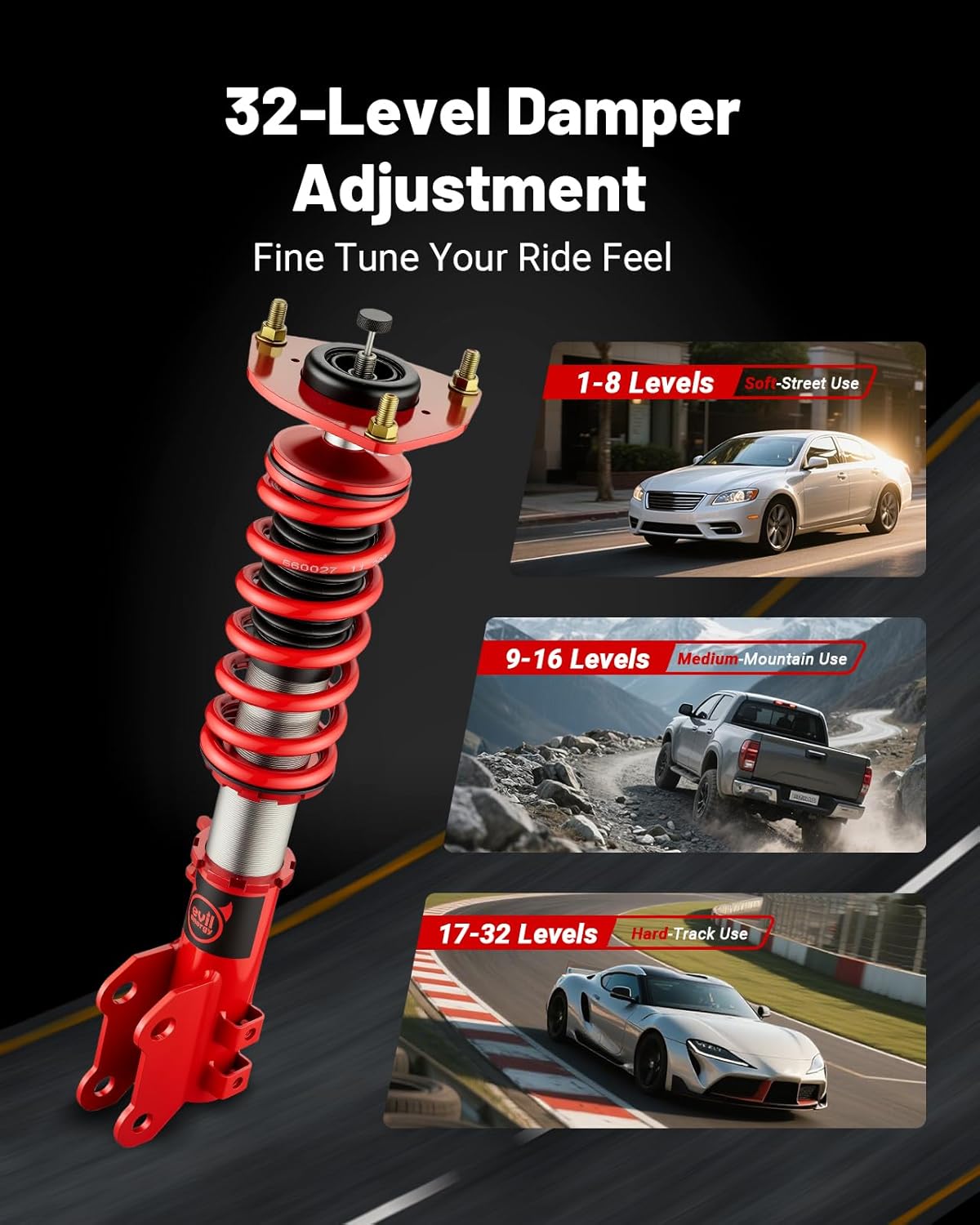 EVIL ENERGY Coilovers for Hyundai Elantra Sedan (AD) 2017-2020, Height Adjustable Coilovers Kit with 32-Level Damper Adjustment, Red - EVILENERGY