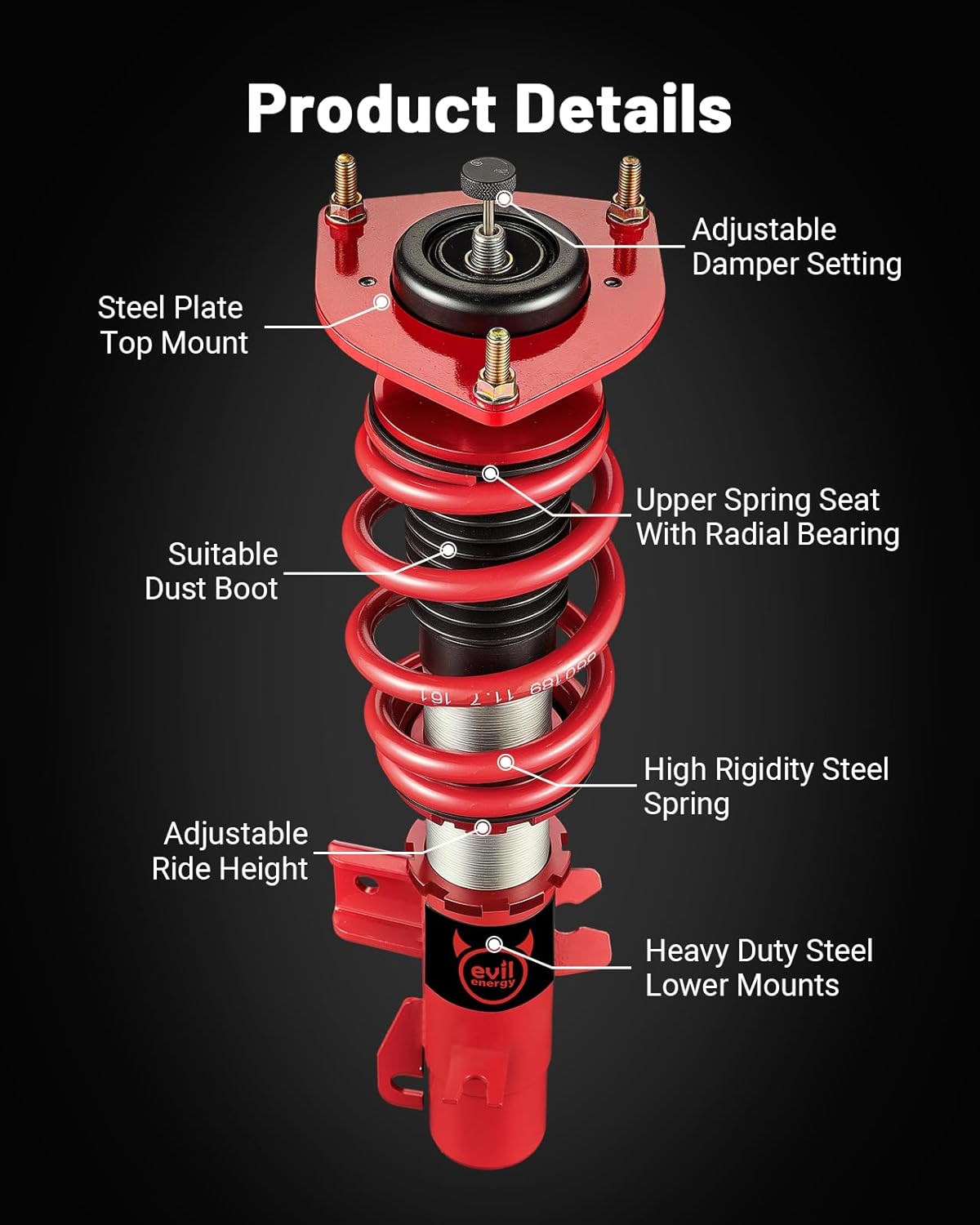 EVIL ENERGY Coilovers Compatible for MINI Cooper FWD R56 2007-2013, Height Adjustable Coilovers Lowering Kit with 32-Level Damper Adjustment, Red - EVILENERGY