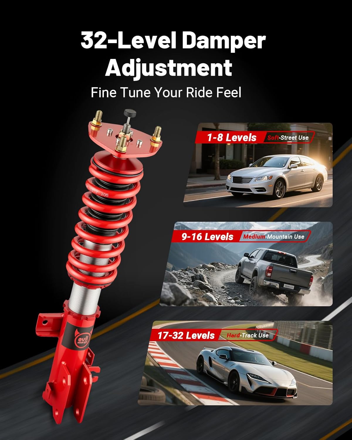 EVIL ENERGY Coilovers for Mazda 3 2014-2018, 32-Level Adjustable Suspension Kit, Height Adjustable 2-4 Inches, Red