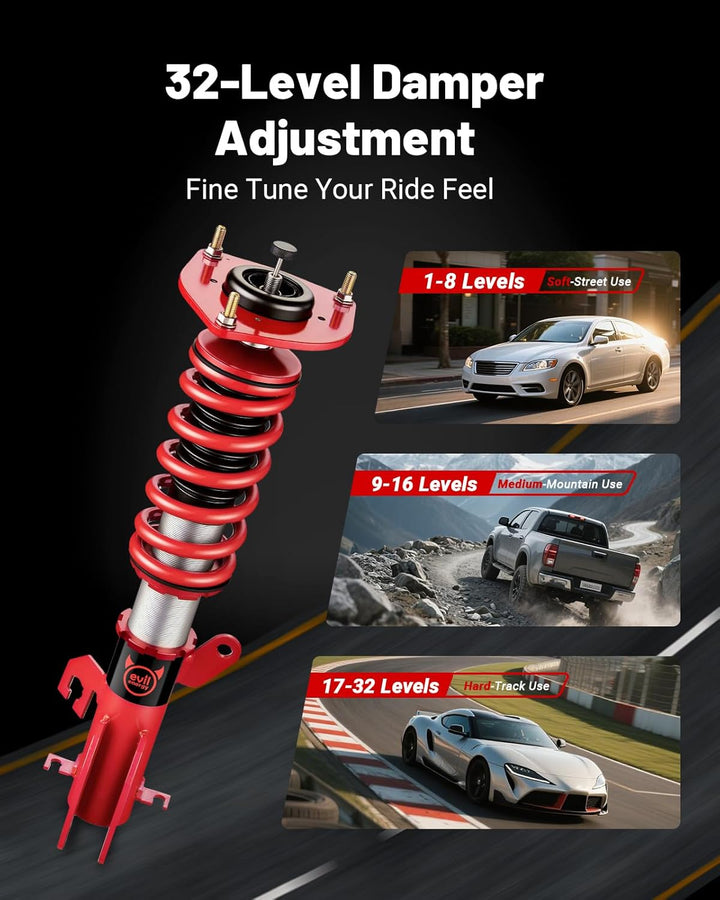 EVIL ENERGY Coilovers Compatible for Nissan Sentra B16 2007-2012, Height Adjustable Coilovers Lowering Kit with 32-Level Damper Adjustment, Coilovers Suspension Kit, Red - EVILENERGY