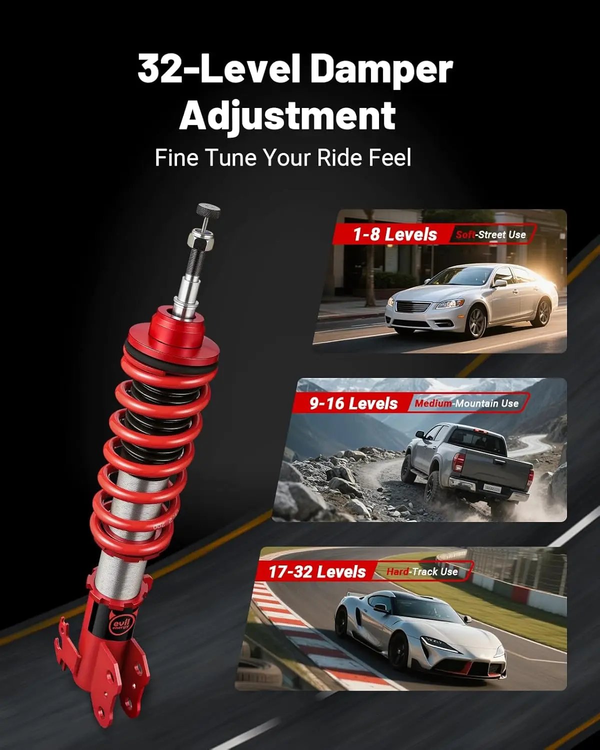 EVILENERGY EVIL ENERGY Coilovers Compatible for Toyota Yaris (XP130/XP150) 2013-2019, Height Adjustable Coilovers Lowering Kit with 32-Level Damper Adjustment, Red