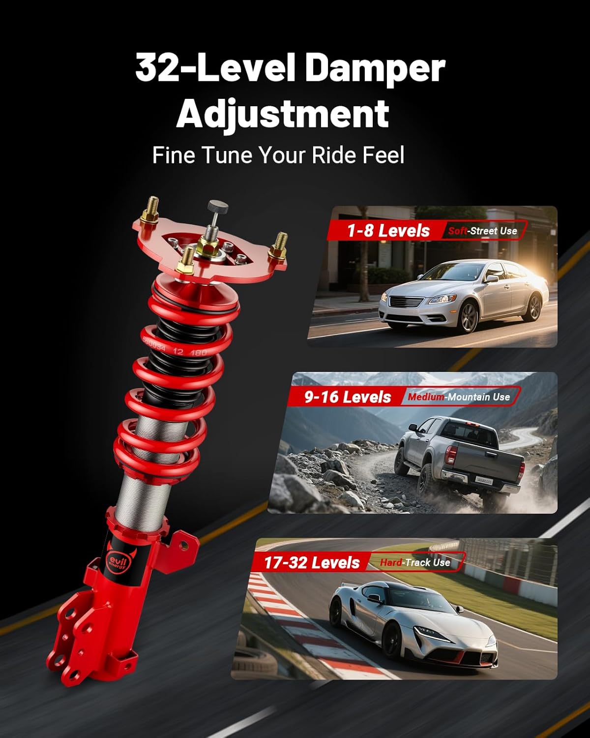 EVIL ENERGY Coilovers Compatible for Hyundai Tiburon (HM/HN) 2003-2008, Height Adjustable Coilovers Lowering Kit with 32-Level Damper Adjustment, Red - EVILENERGY