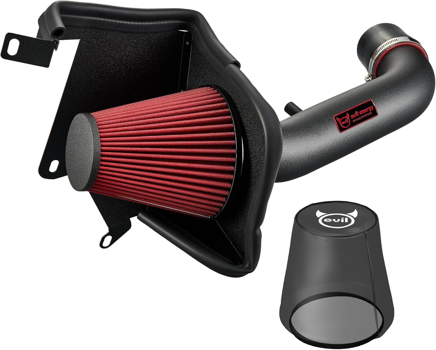 EVIL ENERGY Cold Air Intake System for Jeep Wrangler JK 3.8L – Close-Up of Black Tube, Red Filter & Heat Shield