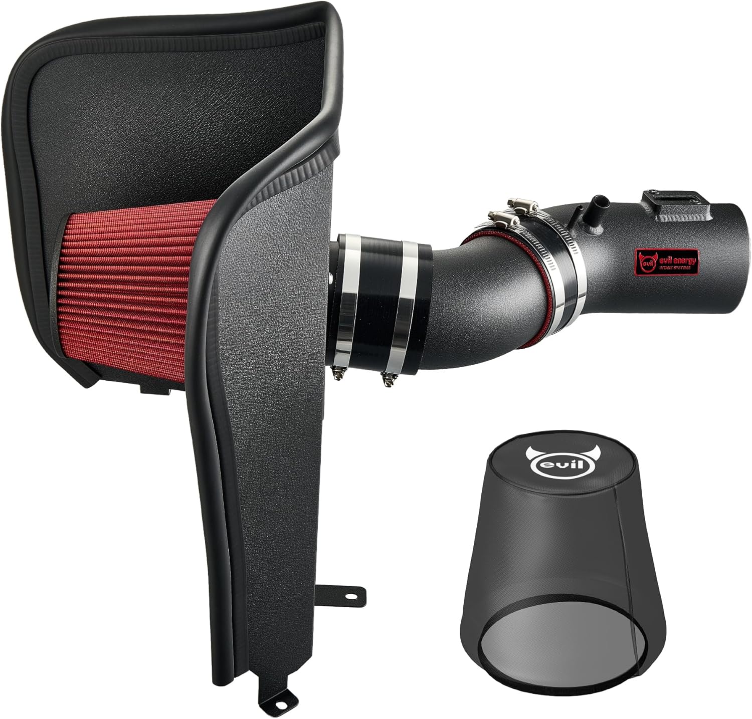 EVIL ENERGY Cold Air Intake System – Close-Up of Black Tube, Red Filter & Heat Shield