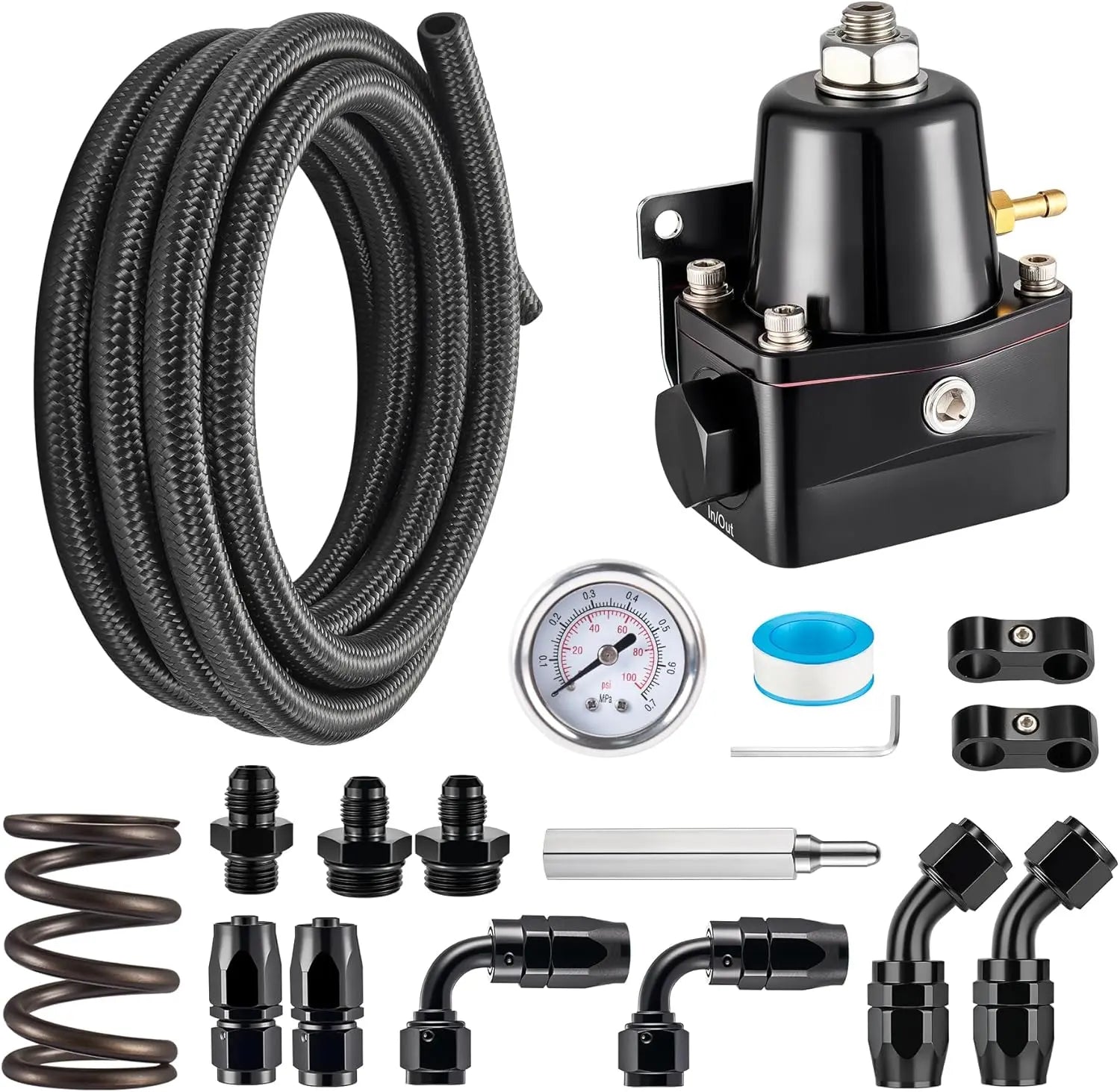 EVILENERGY EVIL ENERGY EFI Fuel Pressure Regulator Kit Adjustable (20-120PSI) with Gauge 6AN CPE Fuel Line Hose Fitting Connectors Kit Universal Aluminum (black)
