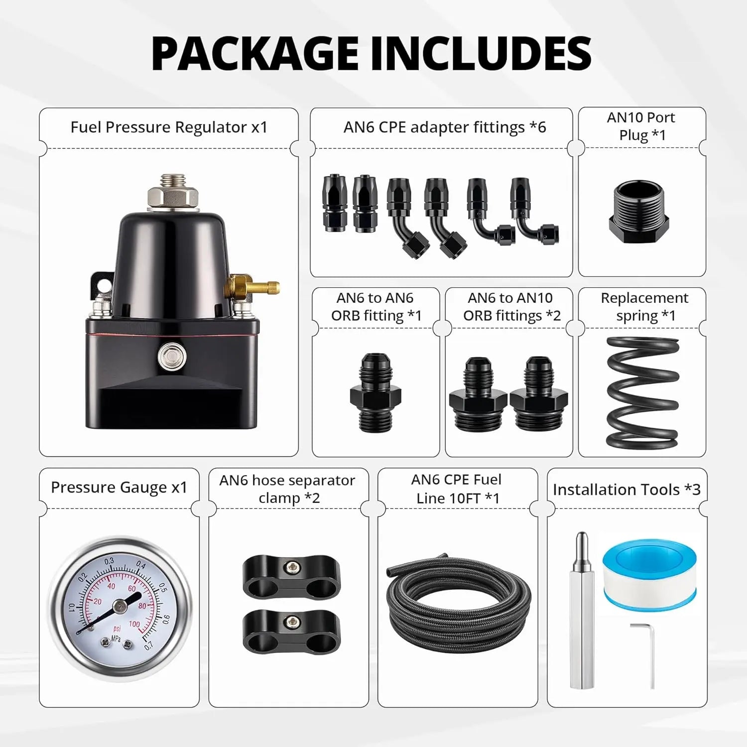 EVILENERGY EVIL ENERGY EFI Fuel Pressure Regulator Kit Adjustable (20-120PSI) with Gauge 6AN CPE Fuel Line Hose Fitting Connectors Kit Universal Aluminum (black)