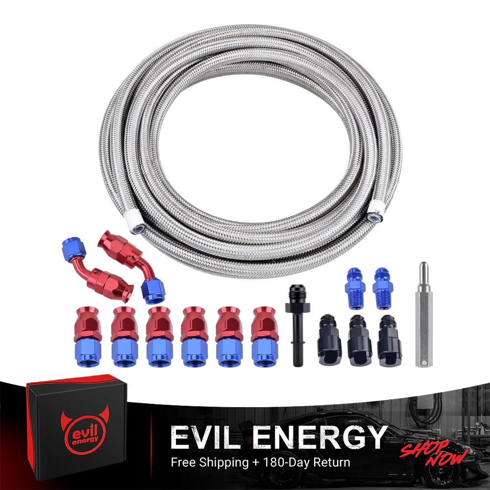 [Silver] EVIL ENERGY PTFE Fuel Lines Kit, silver braided, blue - red fittings