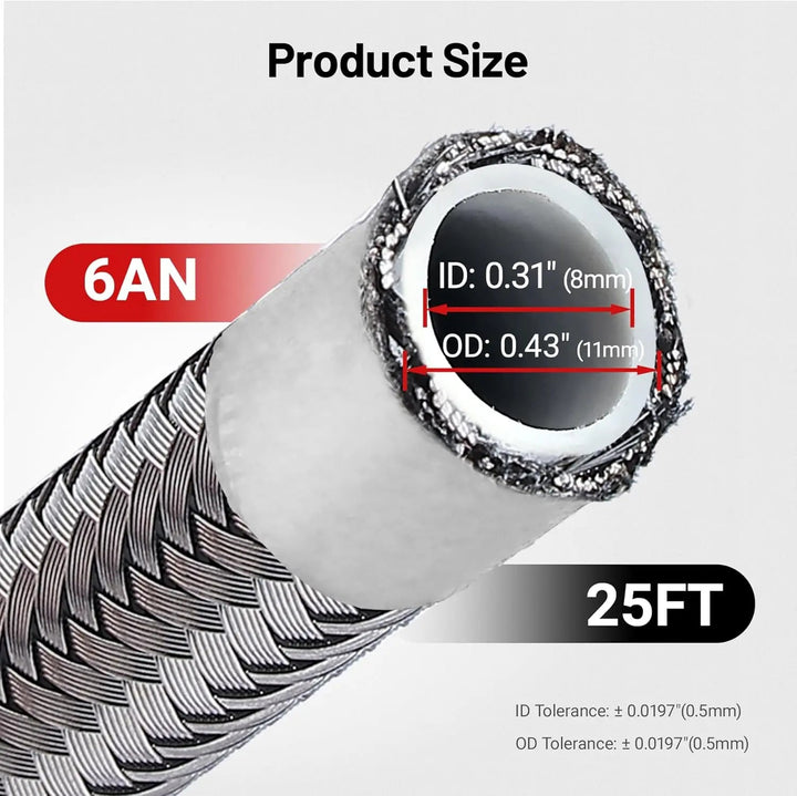 EVIL ENERGY PTFE Fuel Lines Kit 6AN size, ID 0.31-inch, OD 0.43-inch 25FT length [Silver]