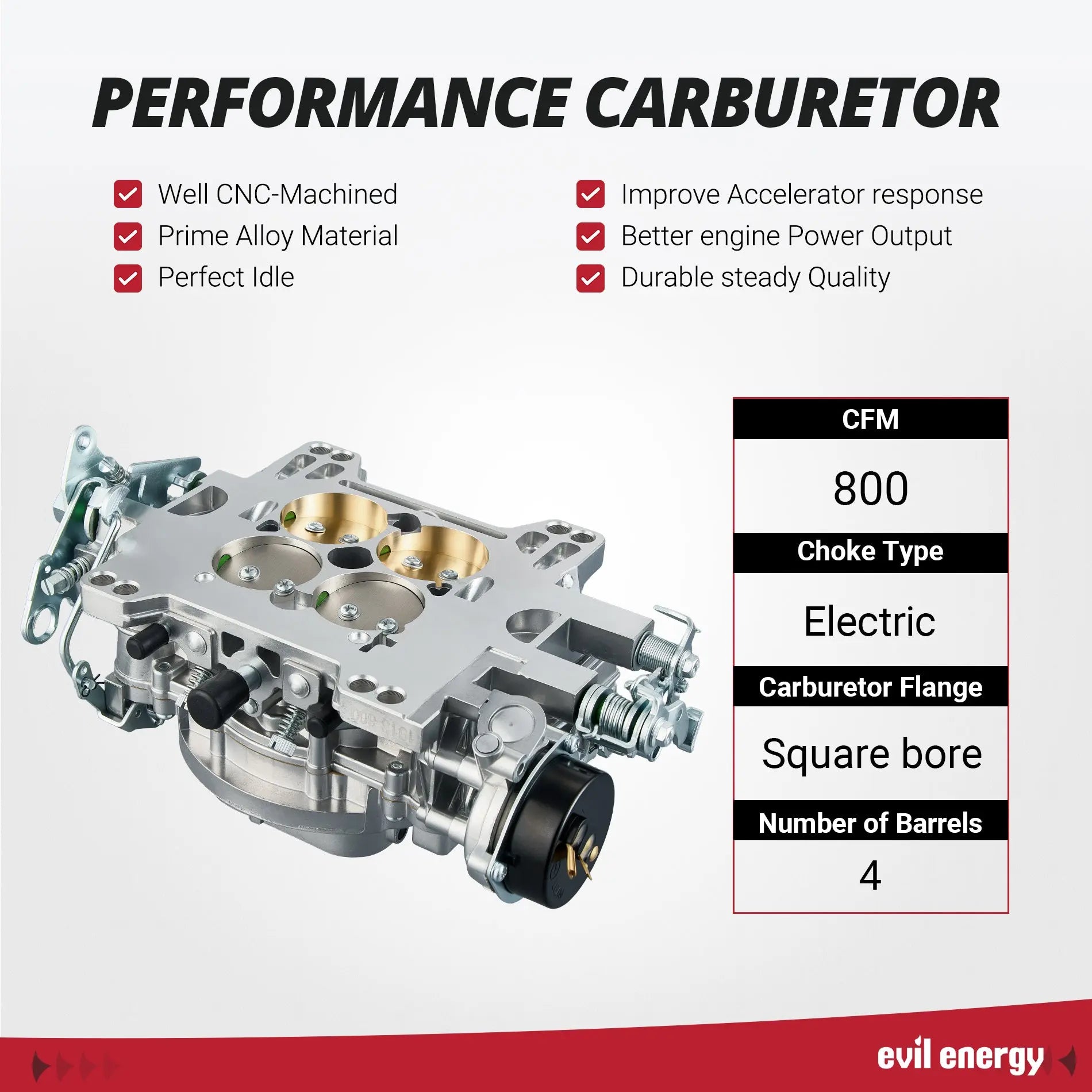 EVIL ENERGY 800 CFM 4-Barrel Carburetor performance, CNC-machined, prime alloy material