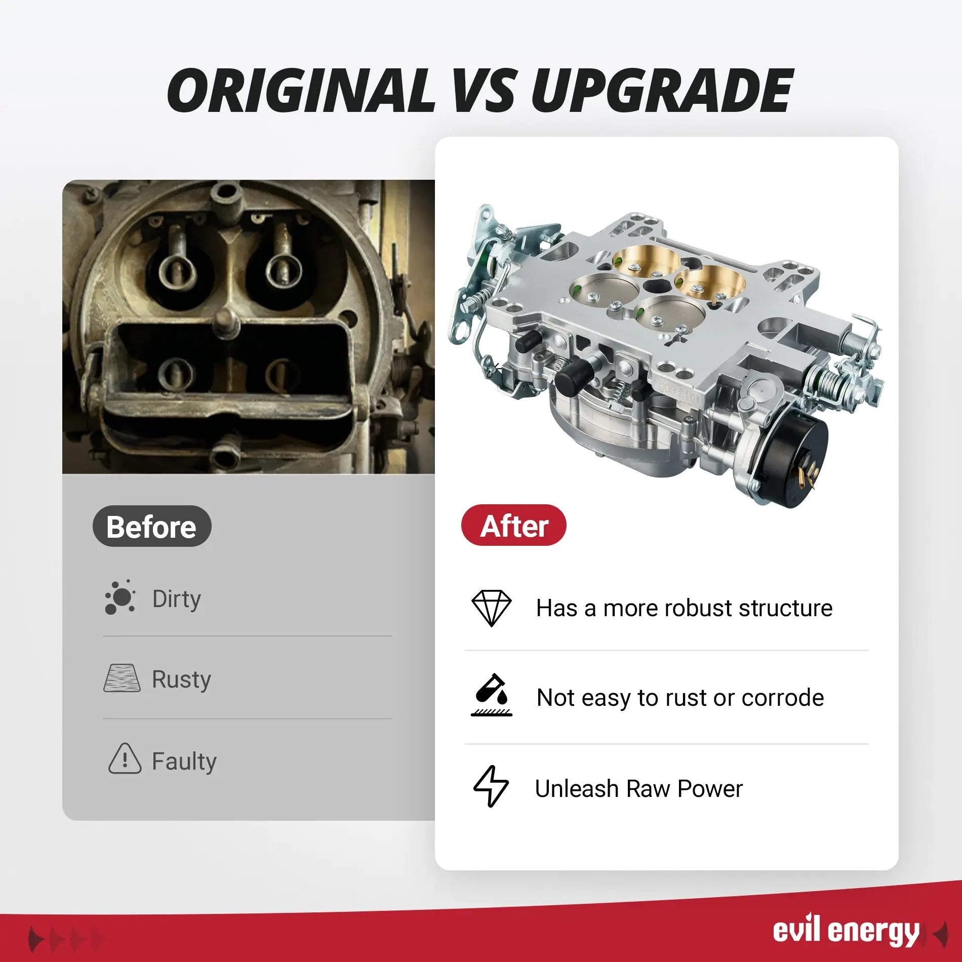 EVIL ENERGY 800 CFM 4-Barrel Carburetor upgrade, robust structure, corrosion - resistant vs original