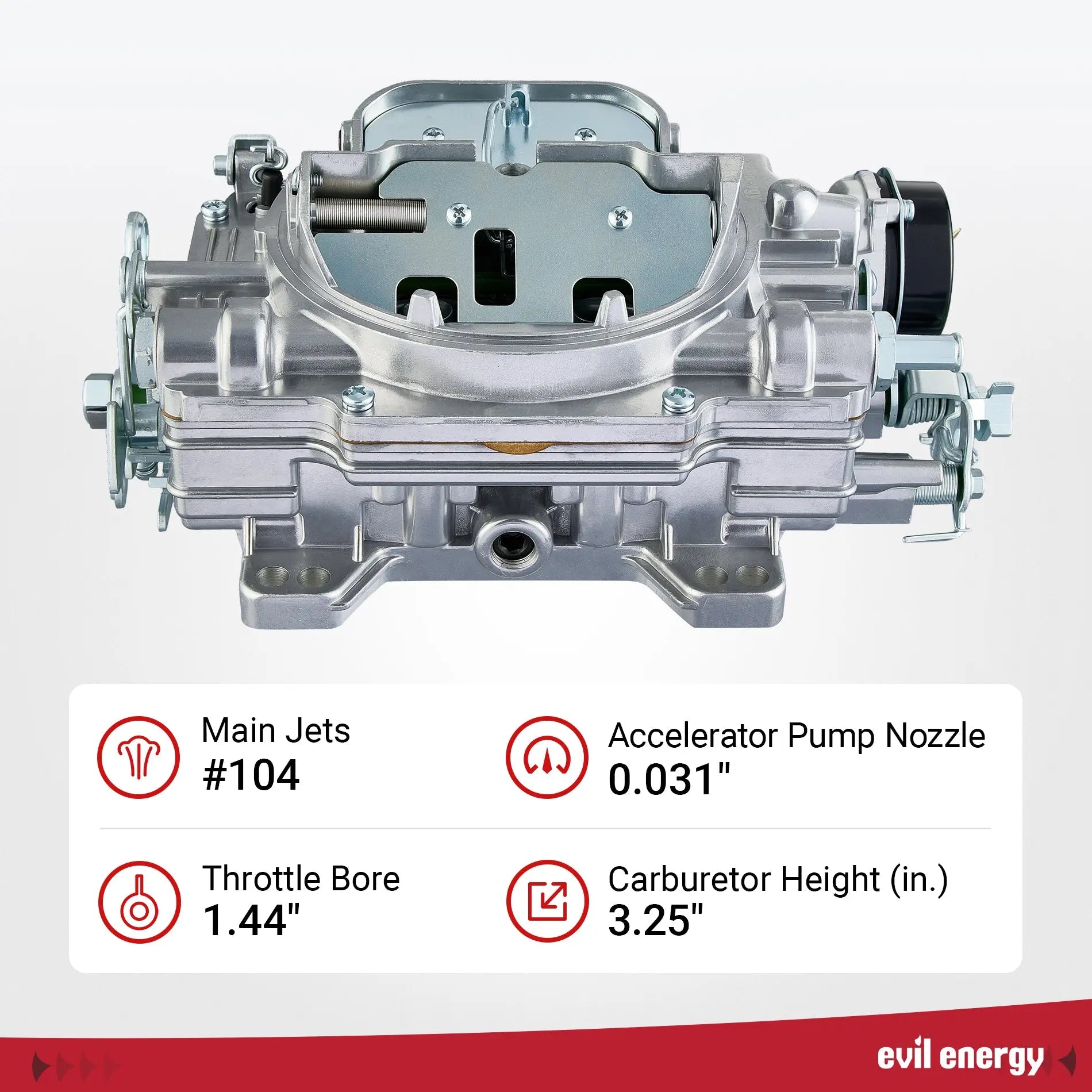 EVIL ENERGY 800 CFM 4-Barrel Carburetor specs, main jets #104, throttle bore 1.44-inch, precision design