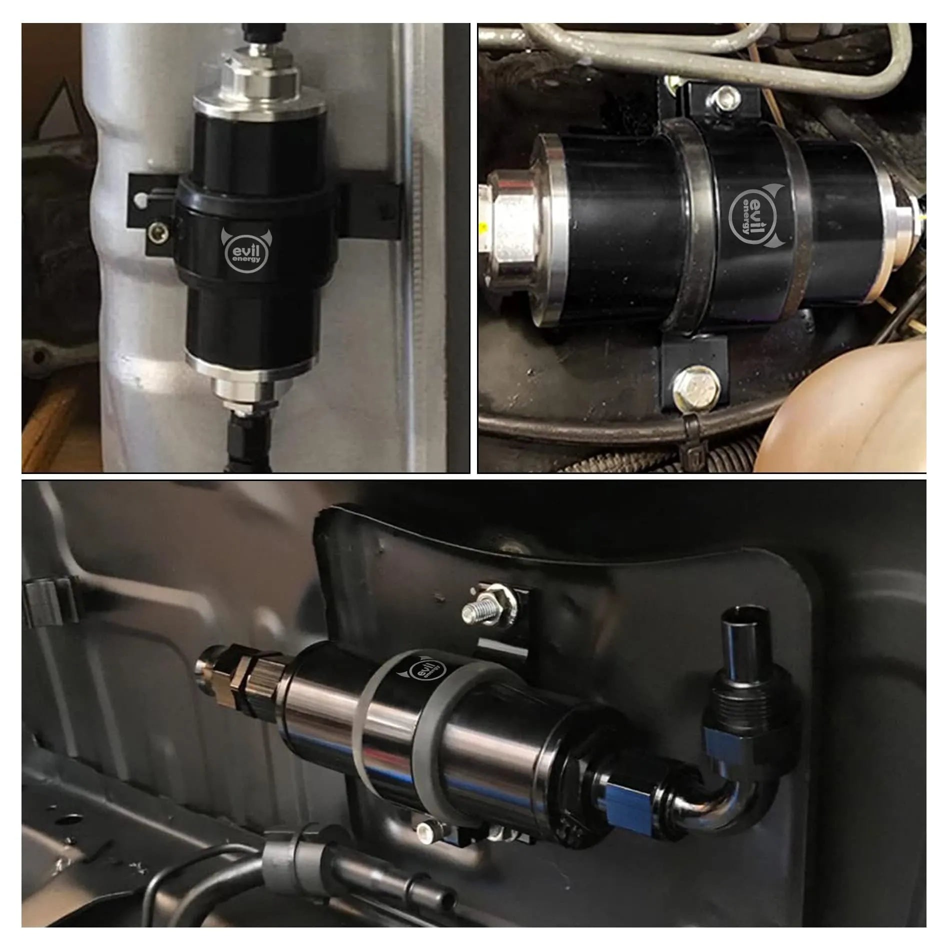 EVIL ENERGY Electric Fuel Pump Installed – Mounted on vehicle, multi-angle view of pump & fittings