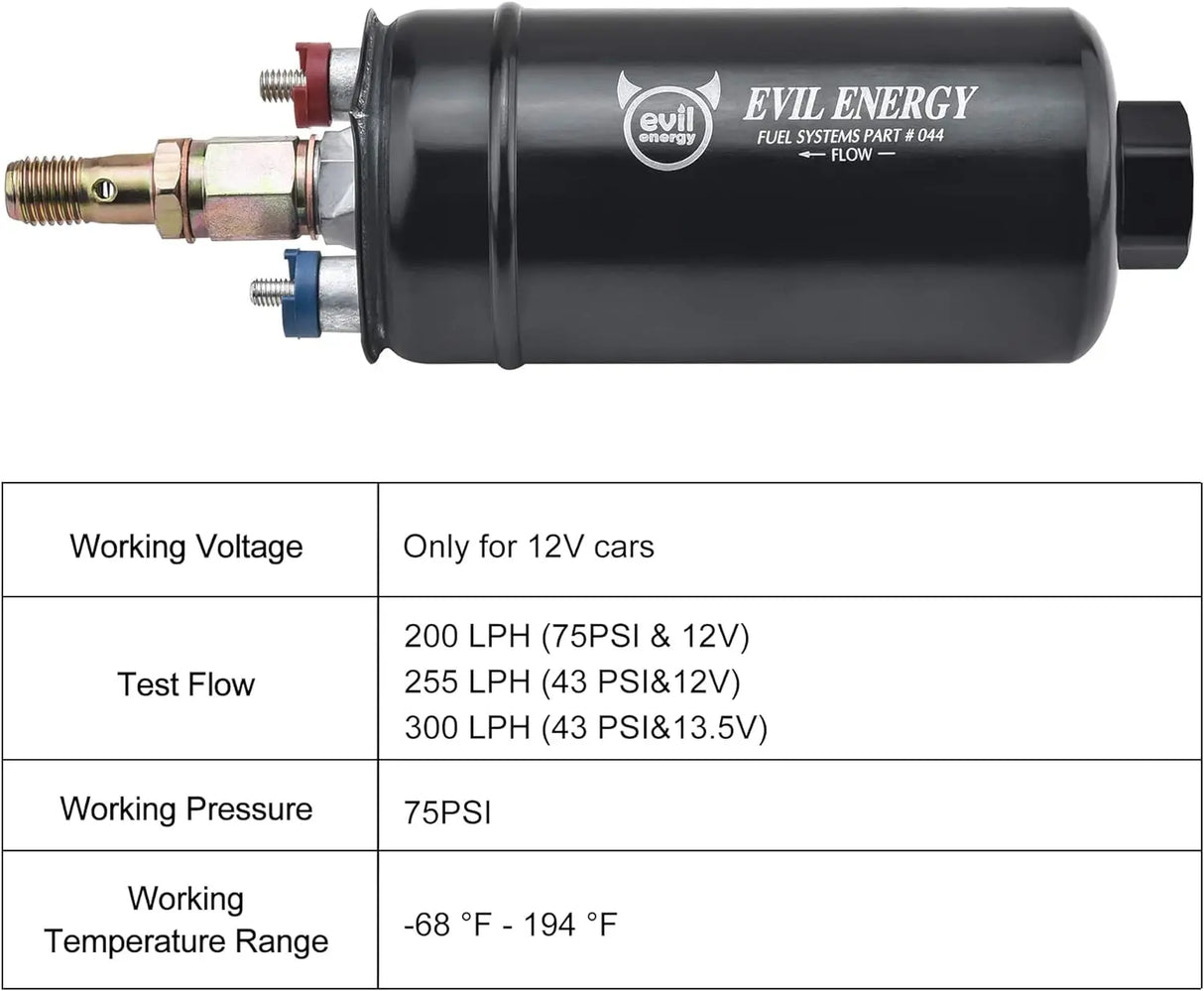 Evilenergy EVIL ENERGY External Inline Fuel Pump Electric 300LPH High Flow 12V Universal