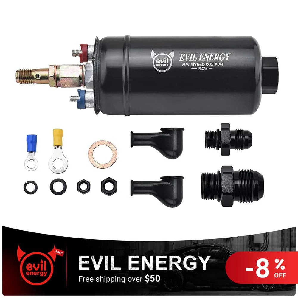 [300LPH External] EVIL ENERGY Electric Fuel Pump Kit – Includes pump, fittings, terminals, 8% off & free shipping over $50