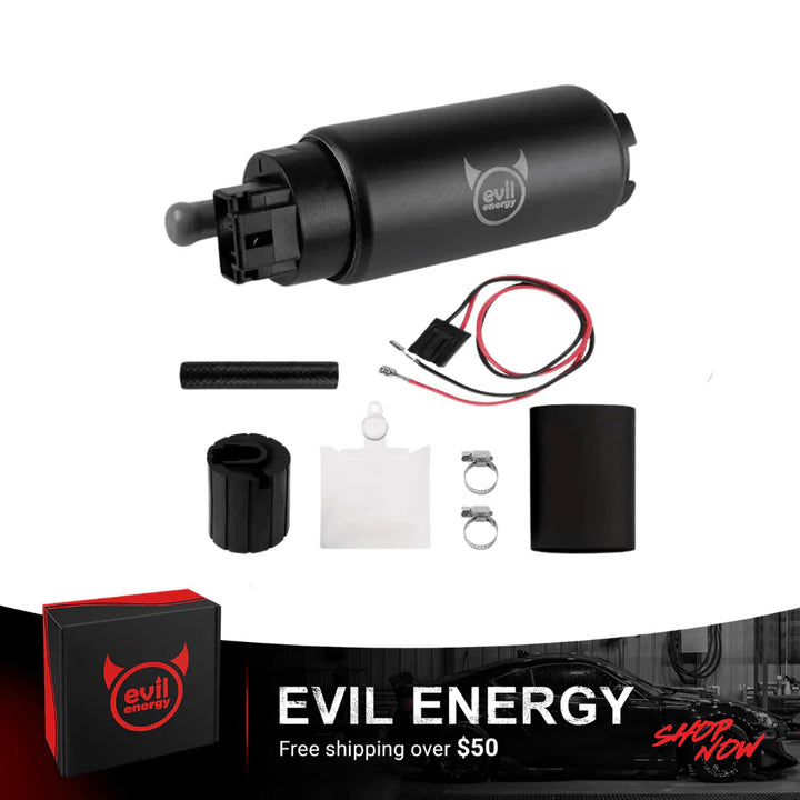 [255LPH Intank] EVIL ENERGY Electric Fuel Pump Complete Kit – With black/red branded box, wiring, filter, hardware