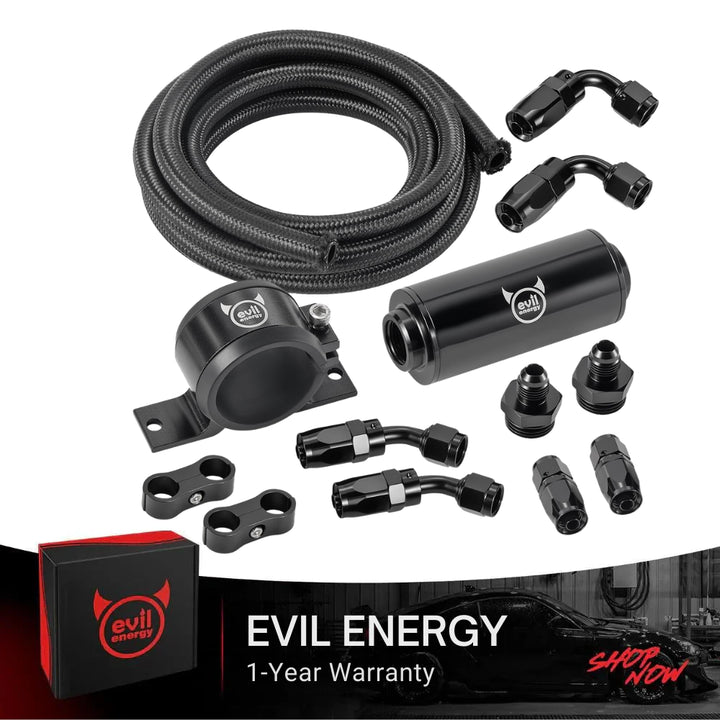 EVIL ENERGY 6AN CPE Fuel Line Kit with 10 Micron Fuel Filter, Inline Fuel Filter & Bracket Clamp 50MM Universal, 6AN Hose CPE Fitting Kit 10FT - EVILENERGY