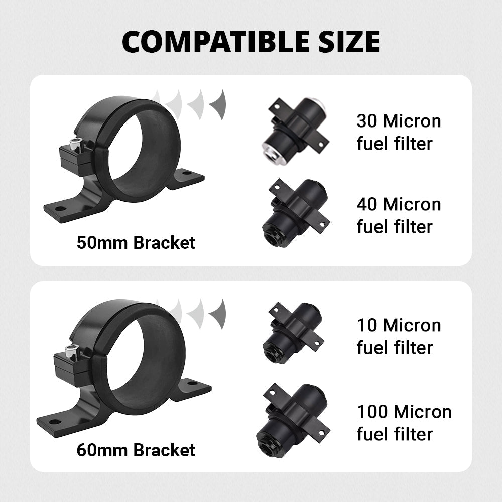 Universal Fuel Filter Brackets compatible with 30, 40, 10, and 100 micron fuel filters. Includes 50mm and 60mm brackets for versatile installation options.