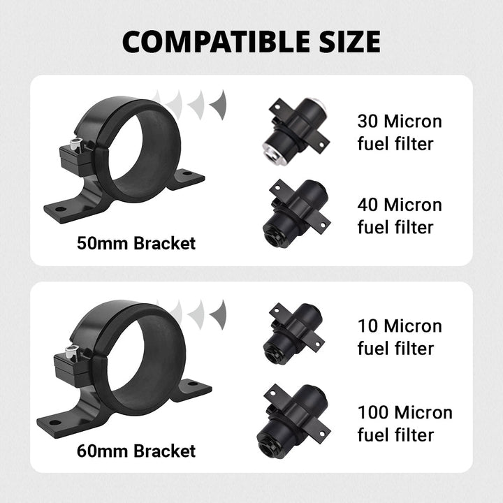 Universal Fuel Filter Brackets compatible with 30, 40, 10, and 100 micron fuel filters. Includes 50mm and 60mm brackets for versatile installation options.