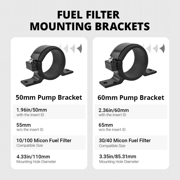 Adjustable fuel filter mounting brackets for versatile fit - 50mm and 60mm options with varying insert IDs to accommodate 10/100 micron and 30/40 micron filters, featuring precise mounting hole diameters for secure installation.
