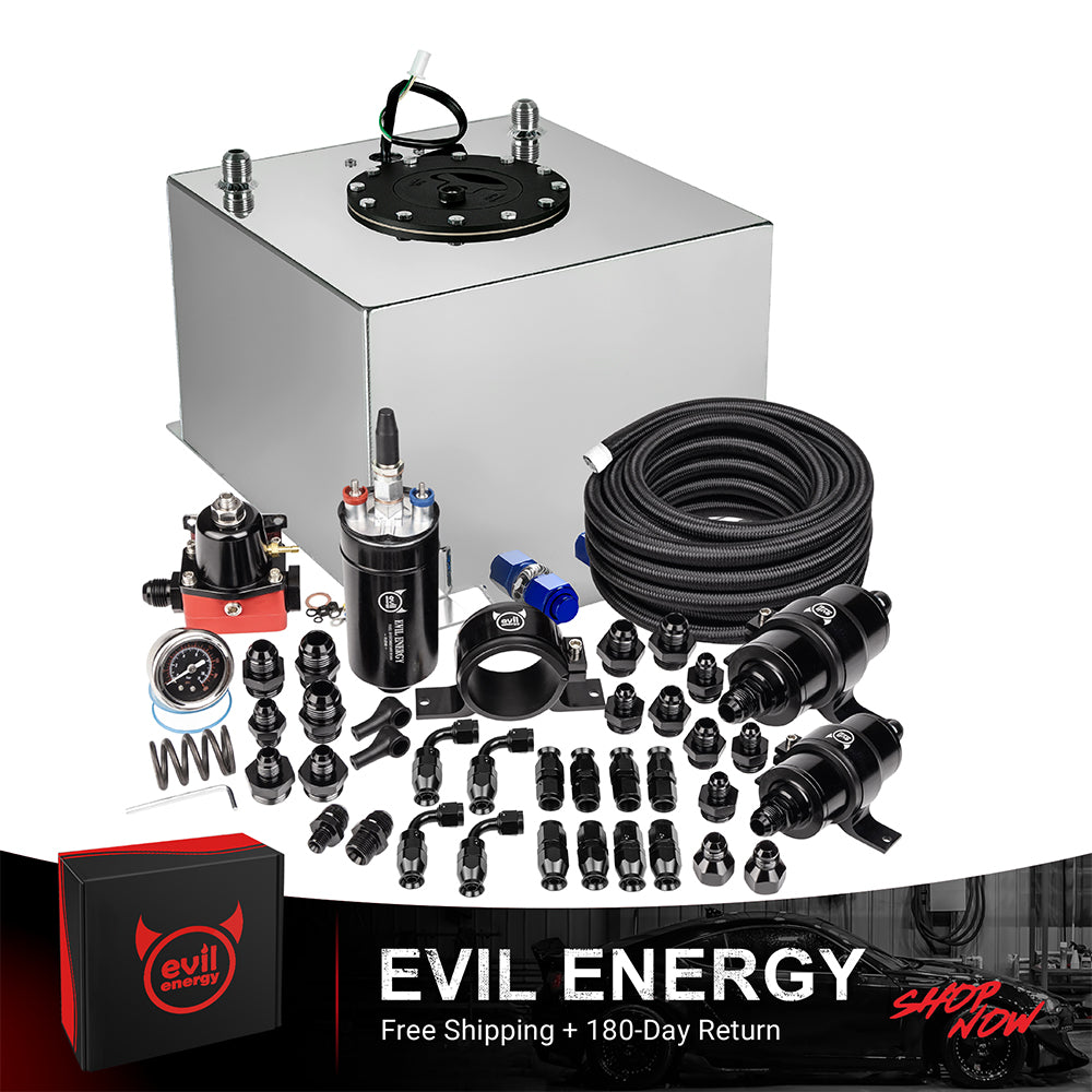 [5 Gallon,PTFE,Silver] Complete EVIL ENERGY fuel cell kit with fuel pump, hose, filter, and fittings – ideal EFI fuel cell setup