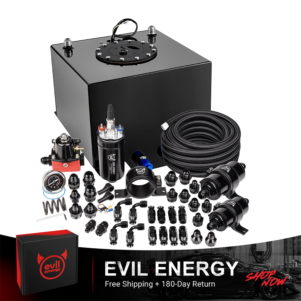 [5 Gallon,PTFE,Black] Complete EVIL ENERGY fuel cell kit with fuel pump, hose, filter, and fittings – ideal EFI fuel cell setup