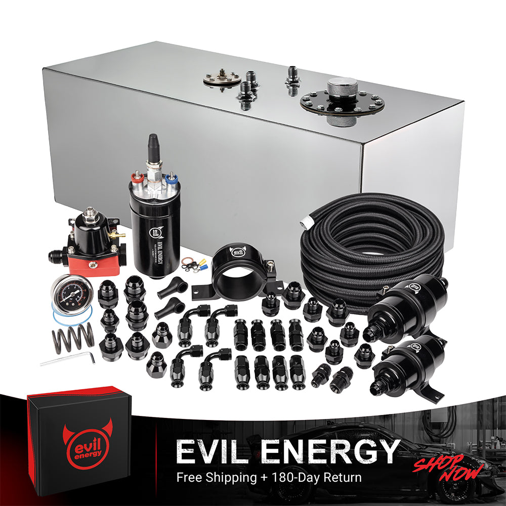 [15 Gallon(Rectangular),PTFE,Silver] Complete EVIL ENERGY fuel cell kit with fuel pump, hose, filter, and fittings – ideal EFI fuel cell setup
