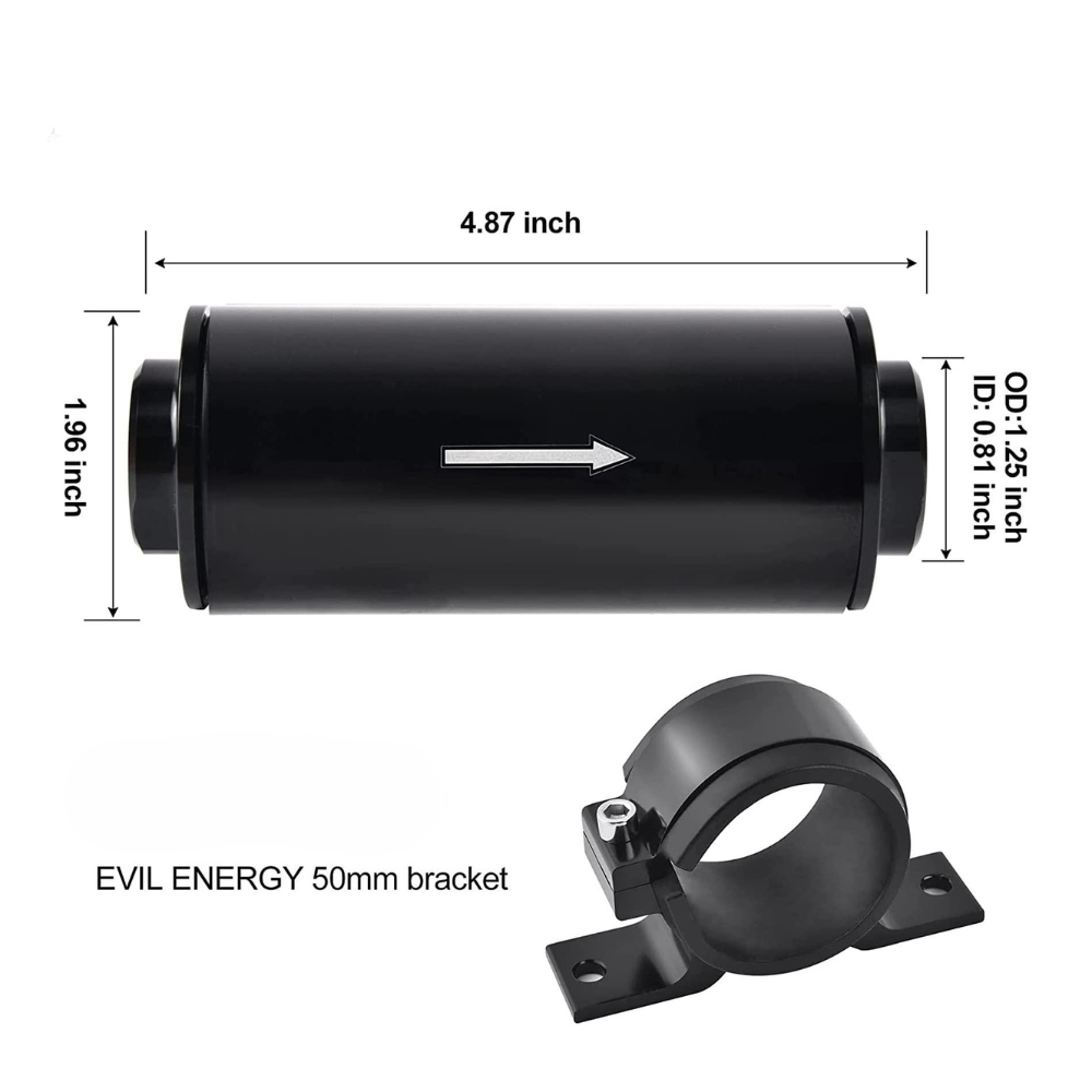 EVIL ENERGY inline fuel filter with 4.87-inch length, 1.96-inch outer diameter, 0.81-inch inner diameter, and 50mm mounting bracket.