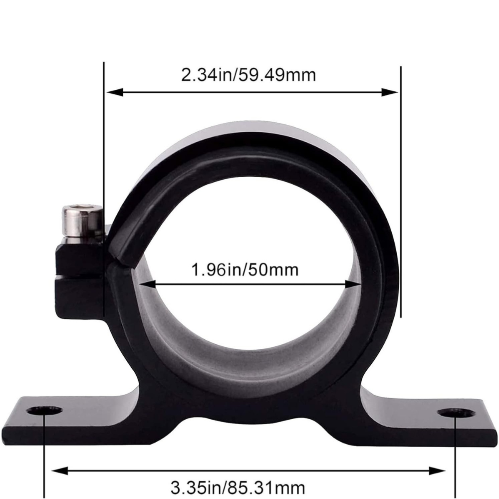 EVIL ENERGY 50mm fuel filter mounting bracket with detailed dimensions: 3.35in length, 2.34in height, and 1.96in inner diameter.