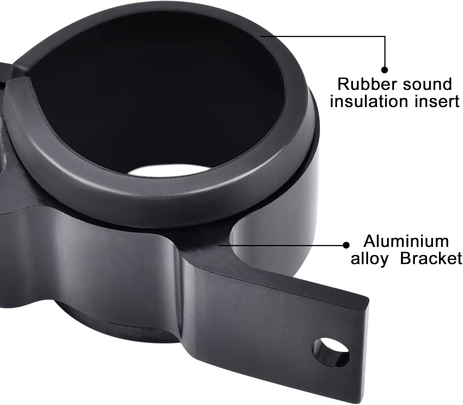 Close-up of aluminum alloy mounting bracket with rubber sound insulation insert, designed for secure and quiet fuel filter installation.