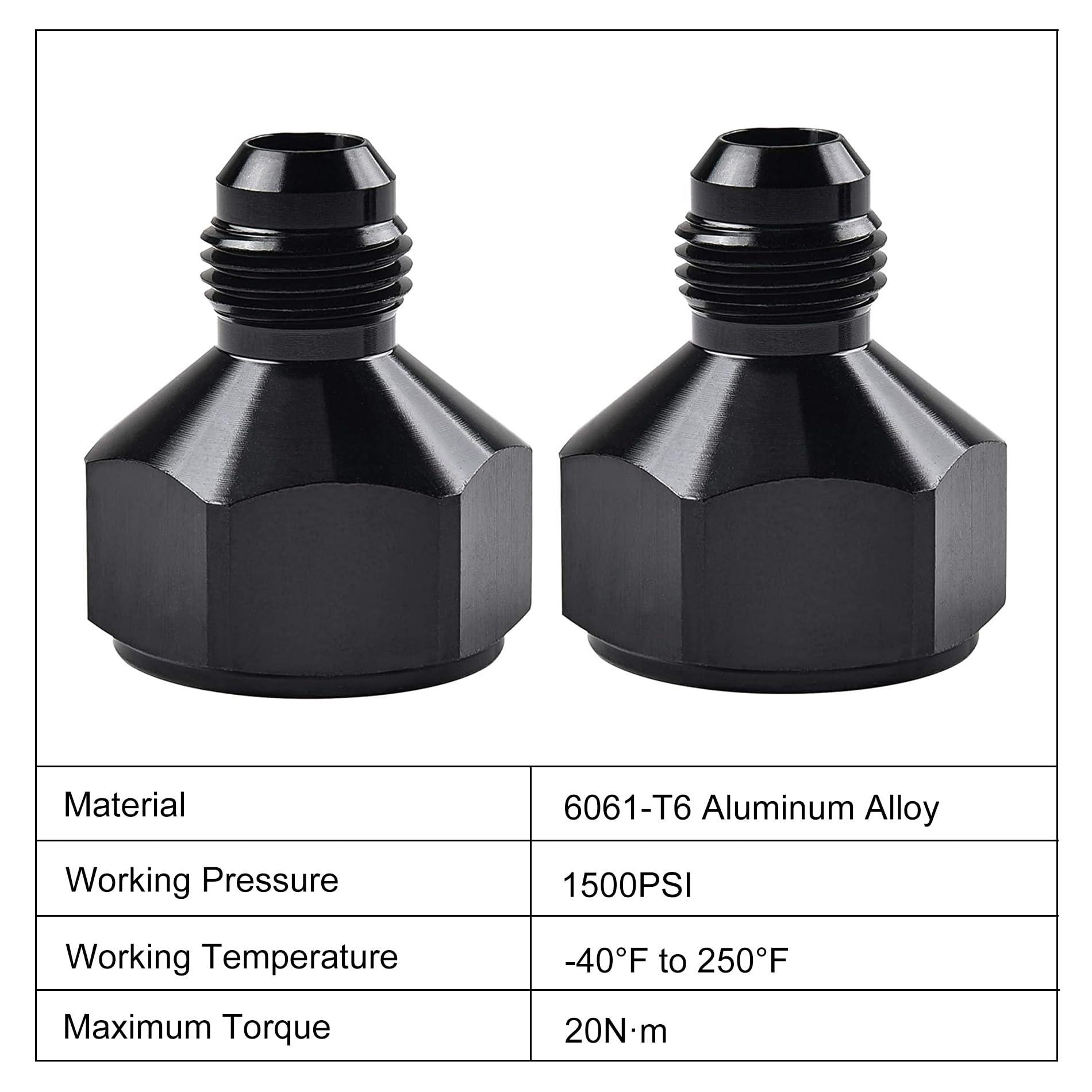 Black 6061-T6 aluminum alloy fuel fitting with specs: 1500 PSI pressure rating, -40°F to 250°F working temperature, and 20N·m maximum torque.