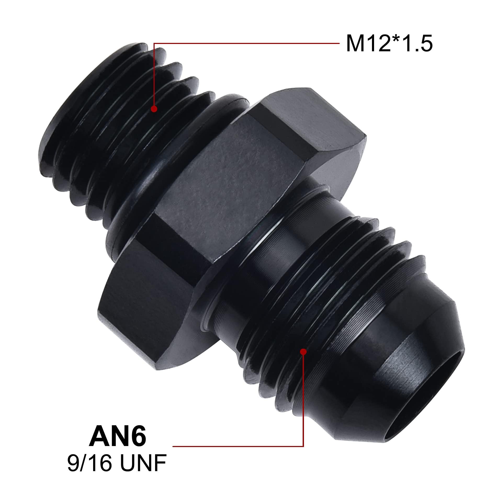 Black aluminum AN6 to M12x1.5 adapter fitting, with 9/16 UNF male thread and M12*1.5 metric thread, used for automotive fluid connections.