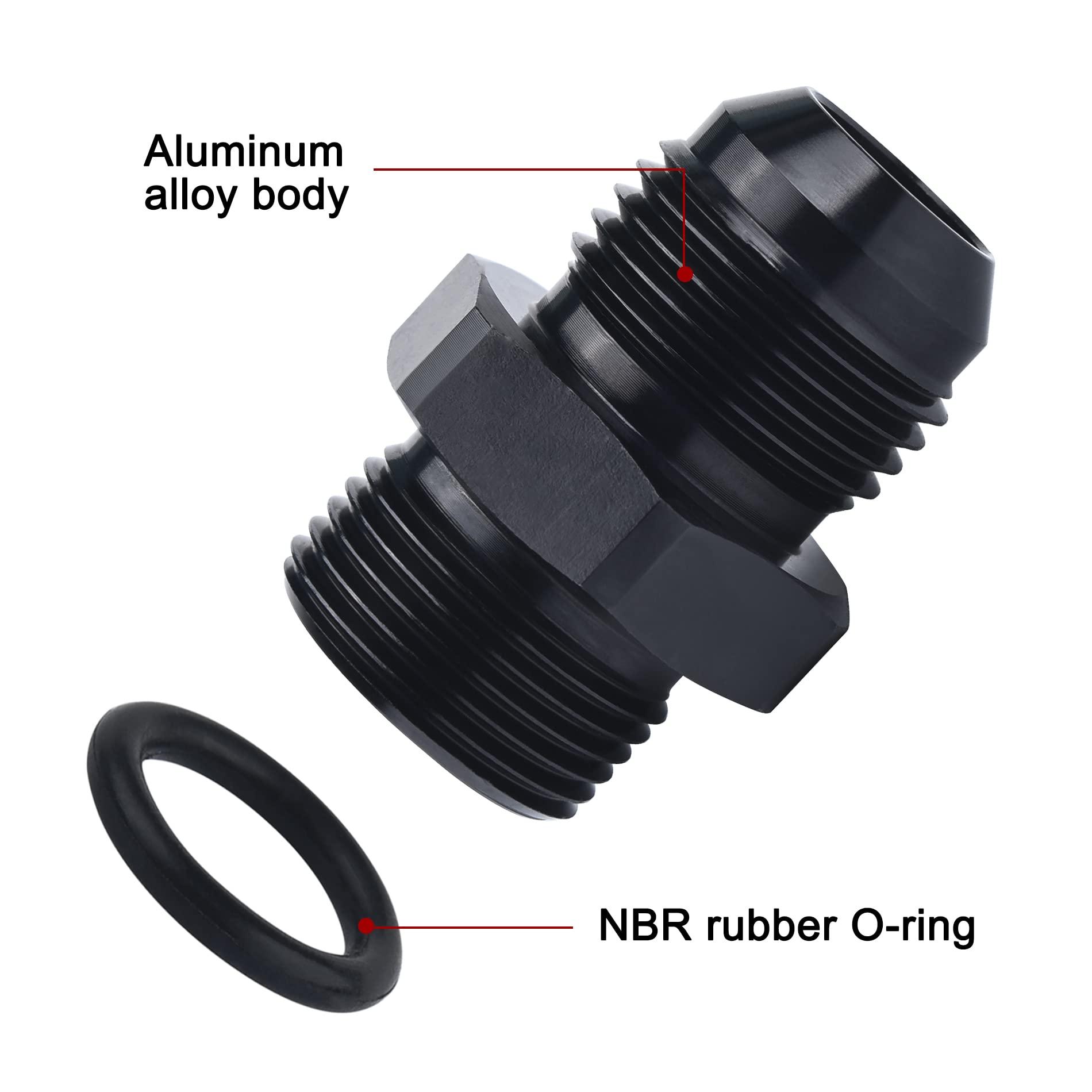 Black aluminum alloy AN fitting with NBR rubber O-ring, dual-thread design for leak-proof automotive fluid connections.