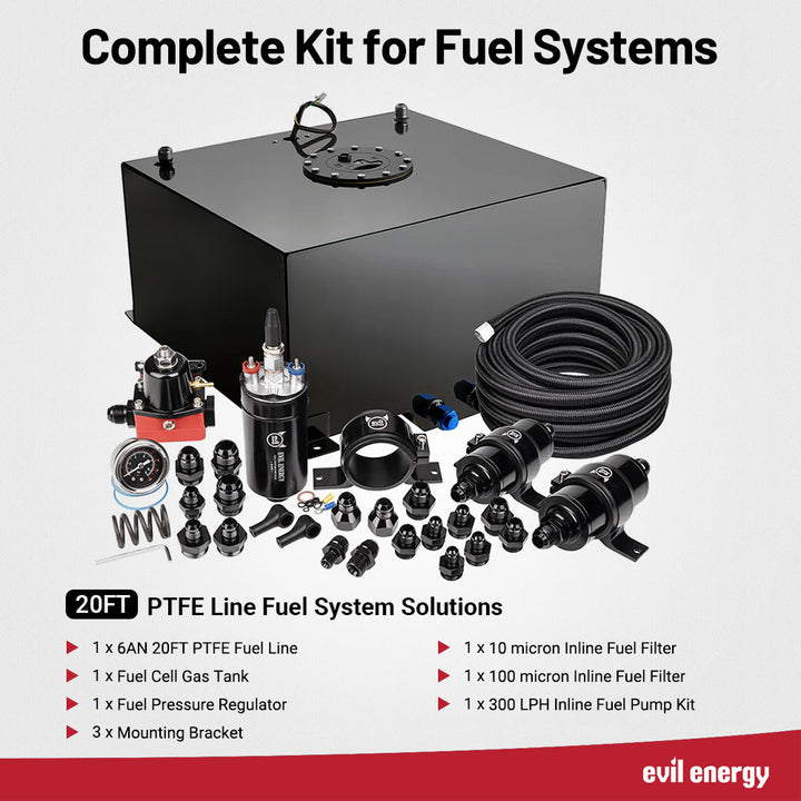 [PTFE] EVIL ENERGY complete PTFE fuel system kit with 20FT 6AN fuel line, fuel cell tank, 300LPH inline fuel pump, fuel pressure regulator, 10 and 100 micron inline fuel filters, AN fittings, and mounting brackets.
