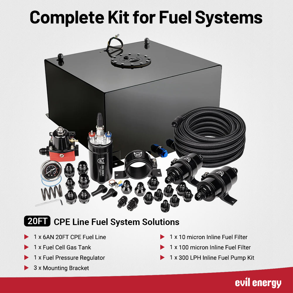 [CPE] EVIL ENERGY complete CPE fuel system kit with 20FT 6AN CPE fuel line, fuel cell gas tank, 300LPH inline fuel pump, fuel pressure regulator, 10 and 100 micron inline fuel filters, AN fittings, and mounting brackets.