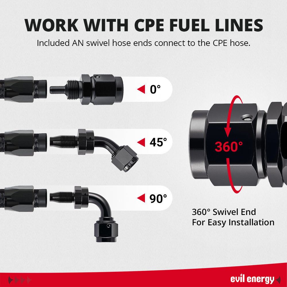 Works with CPE fuel lines — includes AN swivel hose ends for 0°, 45°, 90°, and 360° rotation, enabling fast, hassle-free installation.[CPE]