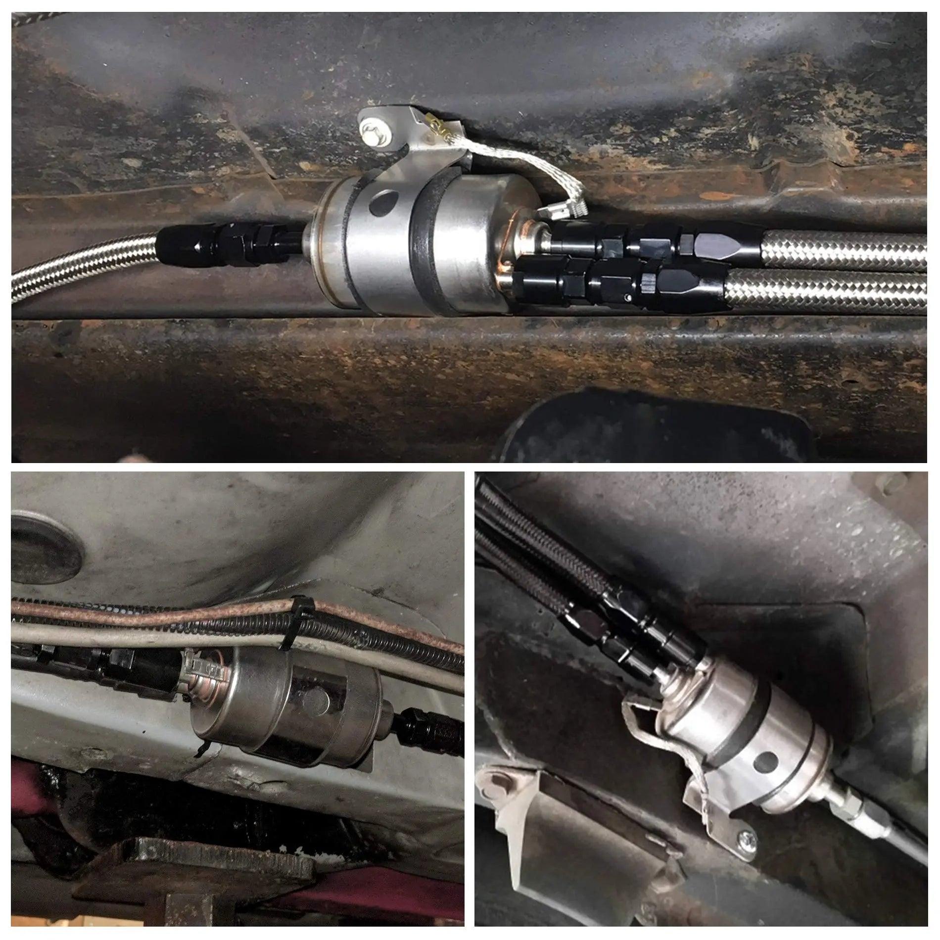 EVIL ENERGY Fuel Filter Regulator 58 PSI Kit for LS Swap EFI Conversion – installed under vehicle with braided AN lines.