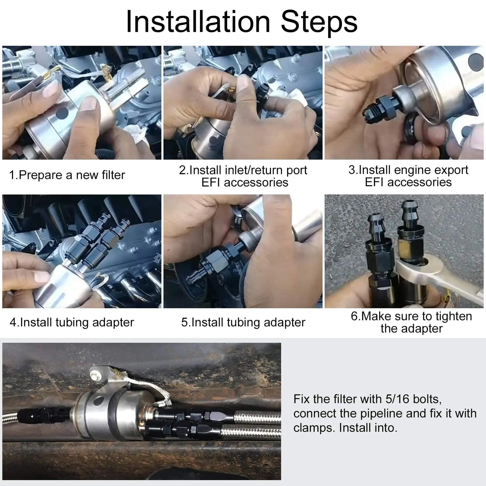 EVIL ENERGY Fuel Filter Regulator 58 PSI Kit for LS Swap EFI Conversion – step-by-step installation using 5/16 bolts and EFI push-on fittings.