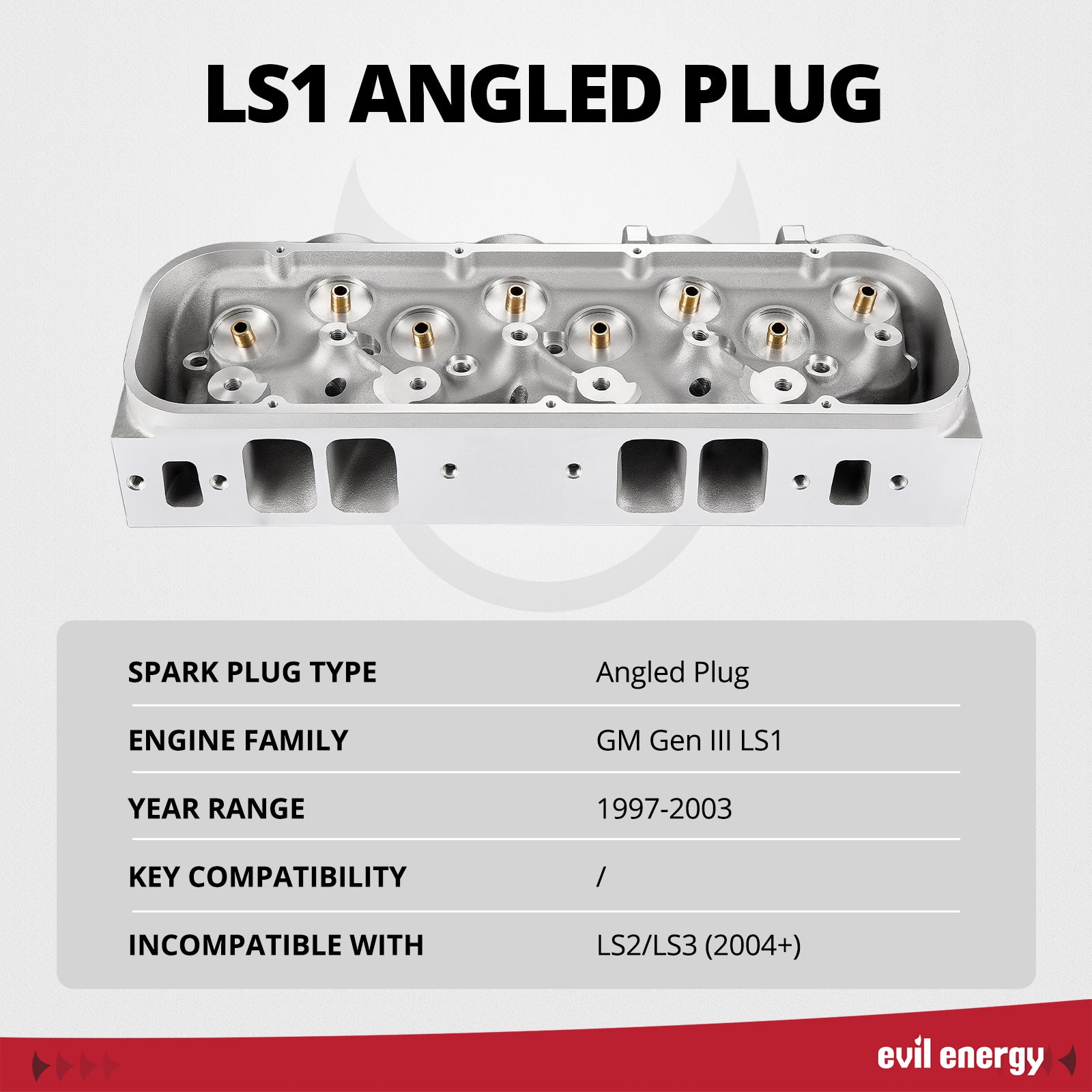 EVIL ENERGY Cylinder Head for LS1 Engines - Angled Plug, GM Gen III LS1, 1997 - 2003