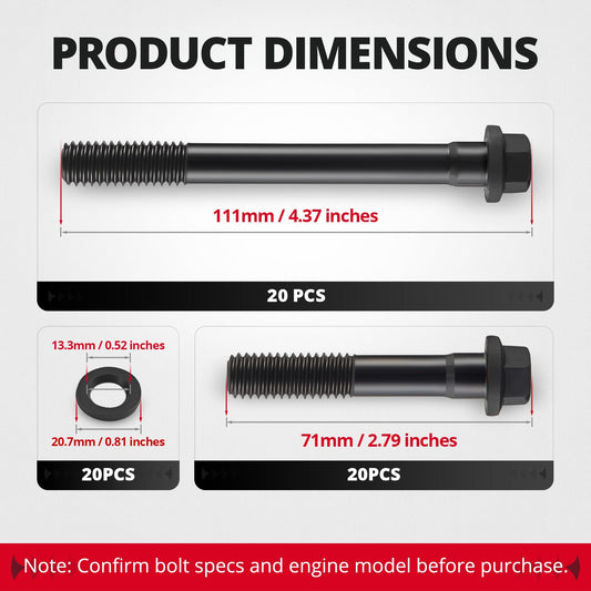 EVIL ENERGY Cylinder Head Bolt Kit Product Dimensions - 111mm & 71mm Bolts, 20PCS Each, Washer Specs