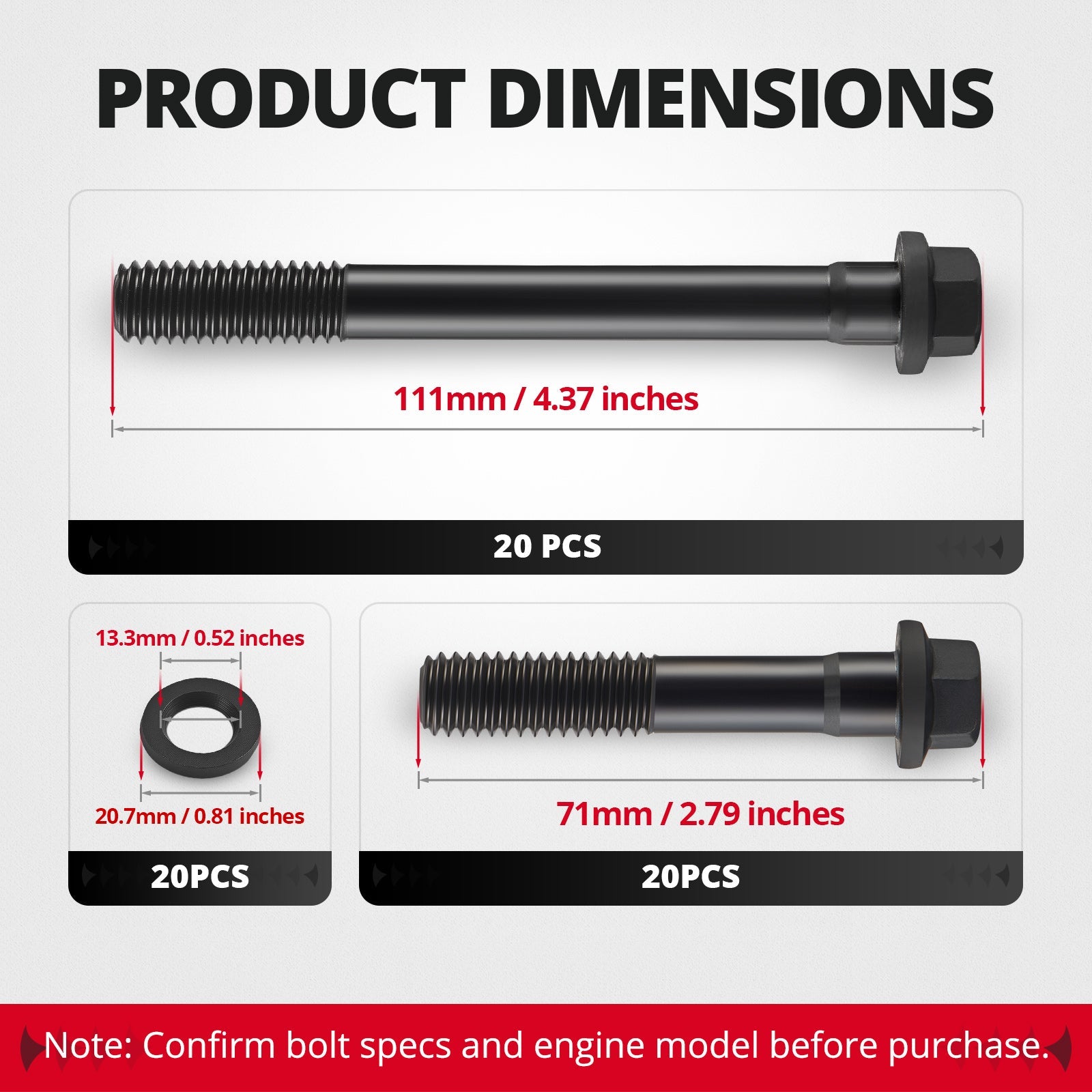 EVIL ENERGY Cylinder Head Bolt Kit Product Dimensions - 111mm & 71mm Bolts, 20PCS Each, Washer Specs